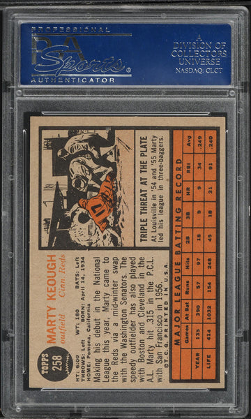 1962 Topps BB Card #258 Marty Keough Cincinnati Reds PSA 8 NM-MT (MGD2)