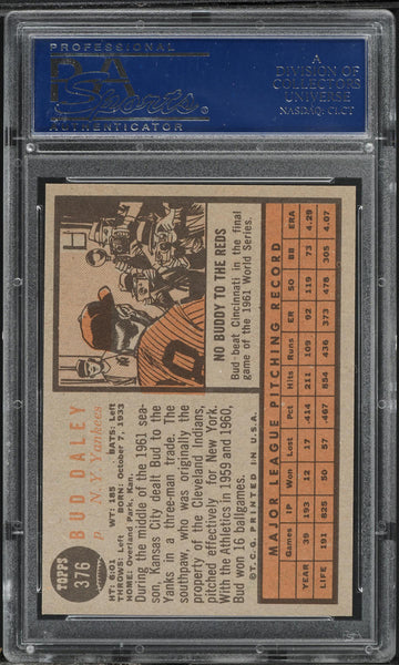 1962 Topps BB Card #376 Bud Daley New York Yankees PSA 8 NM-MT (MGD2)