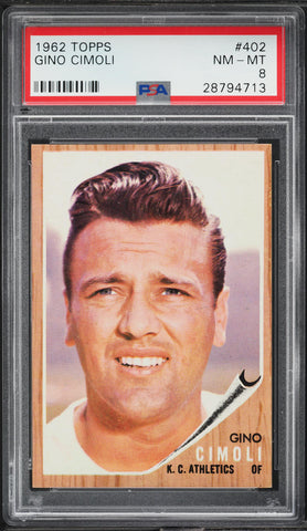 1962 Topps BB Card #402 Gino Cimoli Kansas City Athletics PSA 8 NM-MT (MGD2)