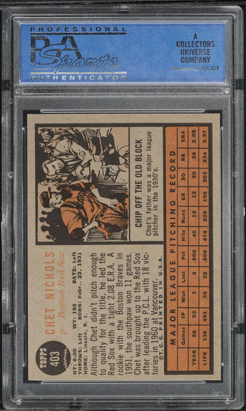 1962 Topps BB Card #403 Chet Nichols Boston Red Sox PSA 8 NM-MT (MGD2)