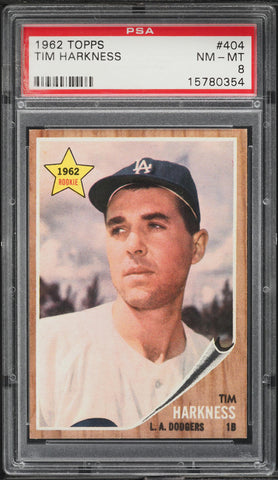 1962 Topps BB Card #404 Tim Harkness Los Angeles Dodgers ROOKIE RC PSA 8 NM-MT (MGD2)