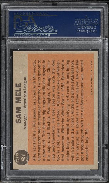 1962 Topps BB Card #482 Sam Mele Minnesota Twins MGR PSA 8 NM-MT (MGD2)