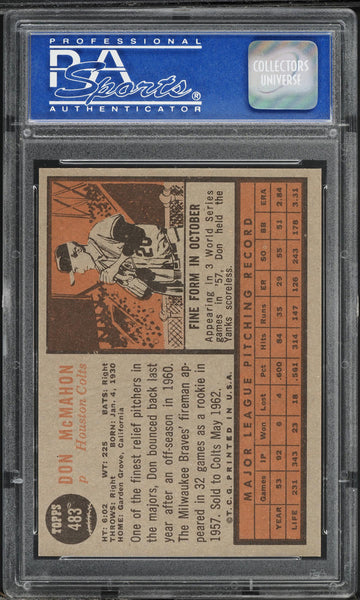 1962 Topps BB Card #483 Don McMahon Milwaukee Braves PSA 8 NM-MT (MGD2)