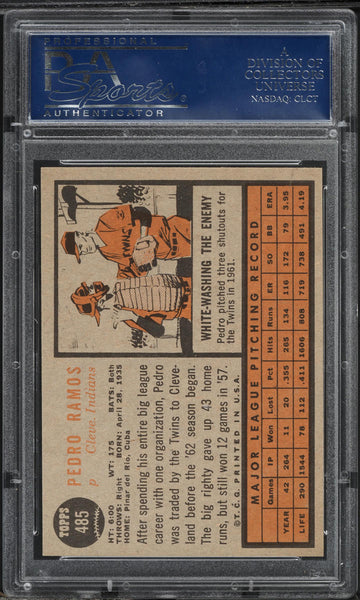 1962 Topps BB Card #485 Pedro Ramos Cleveland Indians PSA 8 NM-MT (MGD2)