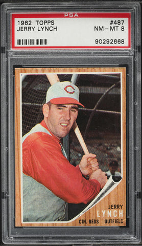 1962 Topps BB Card #487 Jerry Lynch Cincinnati Reds HOF PSA 8 NM-MT (MGD2)