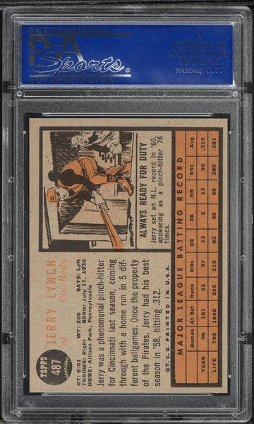 1962 Topps BB Card #487 Jerry Lynch Cincinnati Reds HOF PSA 8 NM-MT (MGD2)