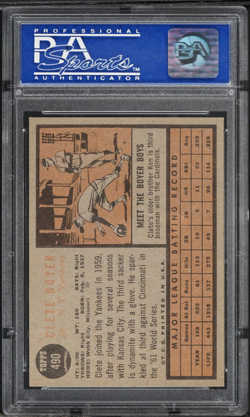 1962 Topps BB Card #490 Clete Boyer New York Yankees PSA 8 NM-MT (MGD2)