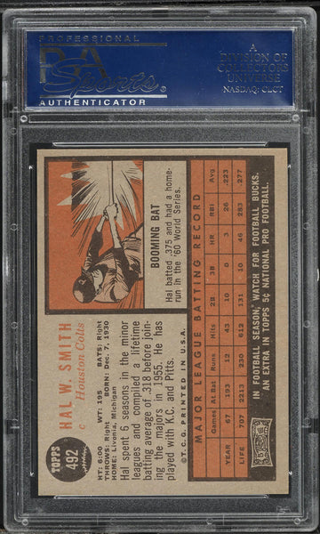 1962 Topps BB Card #492 Hal Smith Houston Colt .45s PSA 8 NM-MT (MGD2)