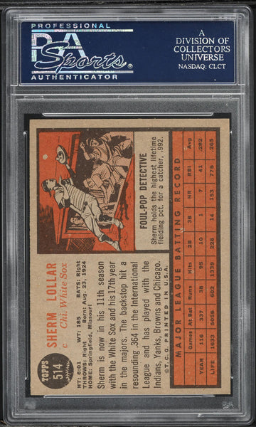 1962 Topps BB Card #514 Sherm Lollar Chicago White Sox PSA 8 NM-MT (MGD2)