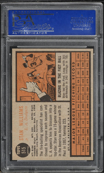 1962 Topps BB Card #515 Stan Williams Los Angeles Dodgers PSA 8 NM-MT (MGD2)