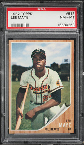 1962 Topps BB Card #518 Lee Maye Milwaukee Braves PSA 8 NM-MT (MGD2)