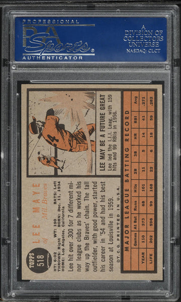 1962 Topps BB Card #518 Lee Maye Milwaukee Braves PSA 8 NM-MT (MGD2)