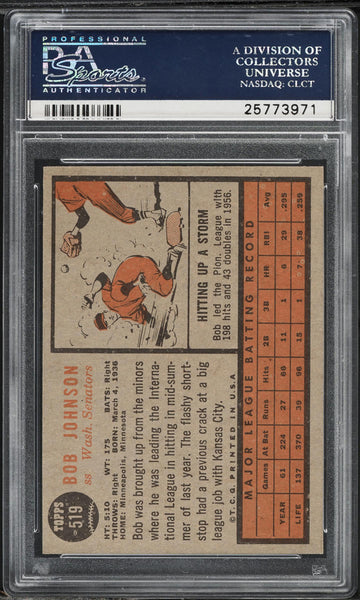 1962 Topps BB Card #519 Bob Johnson Washington Senators ROOKIE RC PSA 8 NM-MT (MGD2)