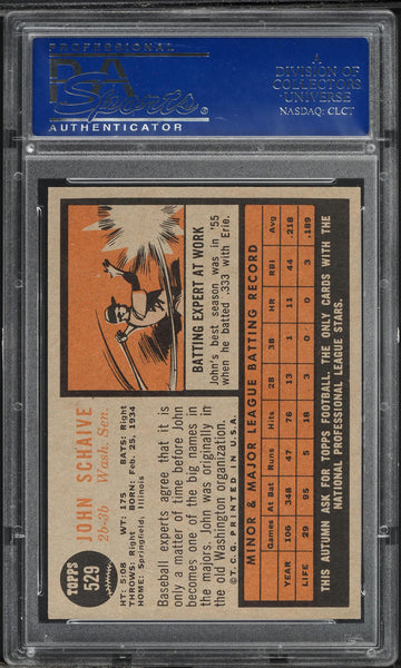 1962 Topps BB Card #529 John Schaive Washington Senators SP PSA 8 NM-MT (MGD2)