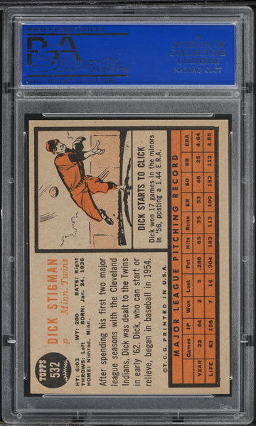 1962 Topps BB Card #532 Dick Stigman Minnesota Twins PSA 8 NM-MT (MGD2)