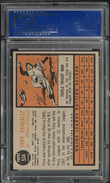 1962 Topps BB Card #534 Tony Gonzalez Philadelphia Phillies SP PSA 8 NM-MT (MGD2)