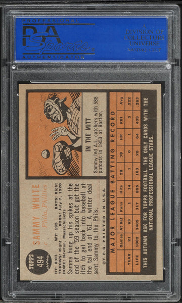 1962 Topps BB Card #494 Sammy White Philadelphia Phillies PSA 8 NM-MT (MGD2)