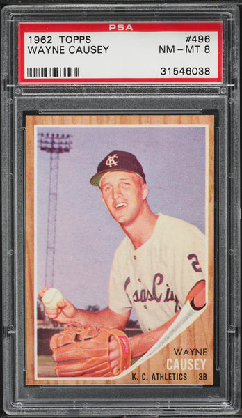 1962 Topps BB Card #496 Wayne Causey Kansas City Athletics ROOKIE RC PSA 8 NM-MT (MGD2)