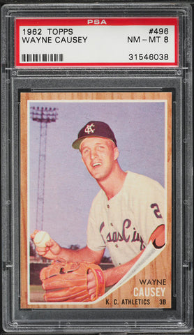 1962 Topps BB Card #496 Wayne Causey Kansas City Athletics ROOKIE RC PSA 8 NM-MT (MGD2)