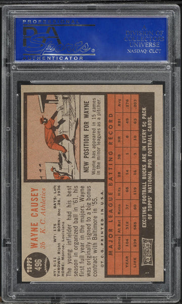 1962 Topps BB Card #496 Wayne Causey Kansas City Athletics ROOKIE RC PSA 8 NM-MT (MGD2)