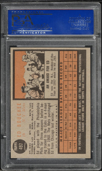 1962 Topps BB Card #497 Ed Bouchee New York Mets PSA 8 NM-MT (MGD2)