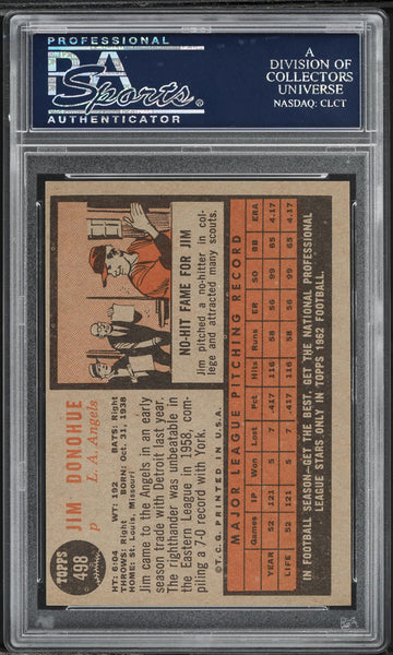 1962 Topps BB Card #498 Jim Donohue Los Angeles Angels PSA 8 NM-MT (MGD2)