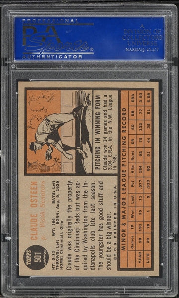 1962 Topps BB Card #501 Claude Osteen Washington Senators PSA 8 NM-MT (MGD2)