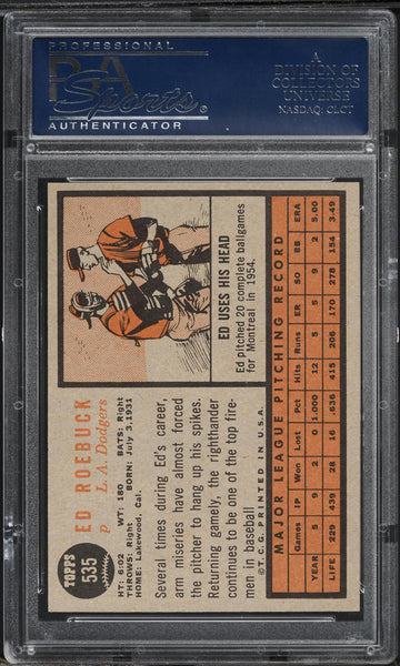 1962 Topps BB Card #535 Ed Roebuck Los Angeles Dodgers PSA 8 NM-MT (MGD2)