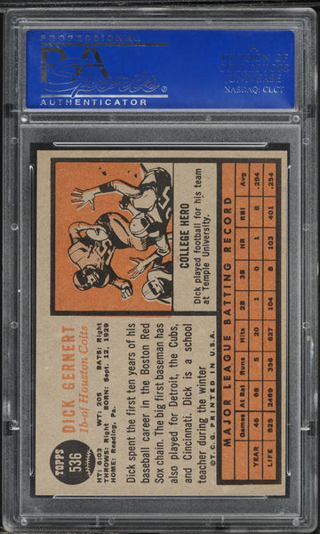 1962 Topps BB Card #536 Dick Gernert Houston Colt .45s PSA 8 NM-MT (MGD2)