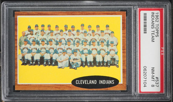 1962 Topps BB Card #537 Cleveland Indians TEAM CARD PSA 8 NM-MT (MGD2)
