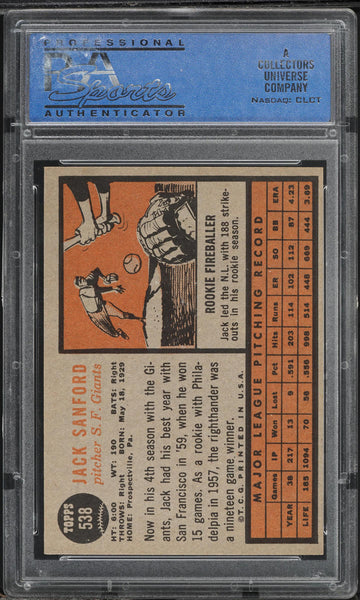 1962 Topps BB Card #538 Jack Sanford San Francisco Giants PSA 8 NM-MT (MGD2)