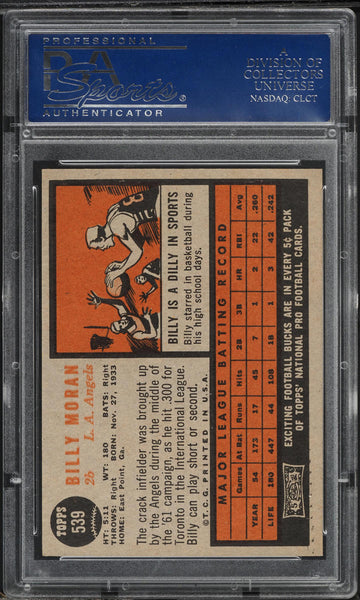 1962 Topps BB Card #539 Billy Moran Los Angeles Angels PSA 8 NM-MT (MGD2)