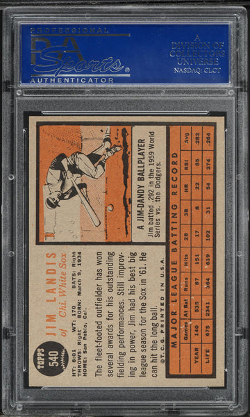 1962 Topps BB Card #540 Jim Landis Chicago White Sox SP PSA 8 NM-MT (MGD2)