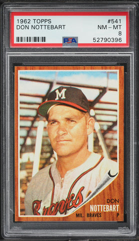 1962 Topps BB Card #541 Don Nottebart Milwaukee Braves SP PSA 8 NM-MT (MGD2)