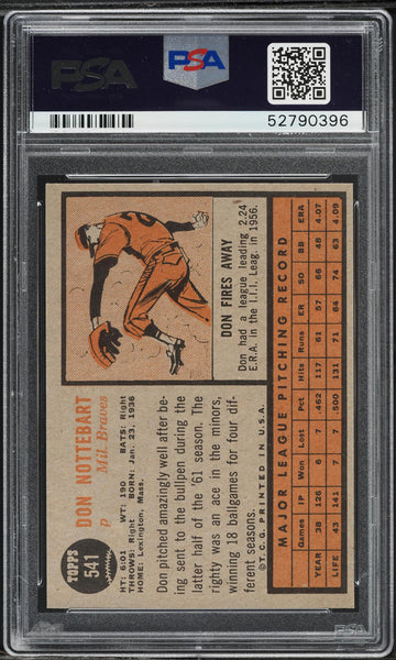 1962 Topps BB Card #541 Don Nottebart Milwaukee Braves SP PSA 8 NM-MT (MGD2)