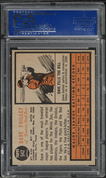 1962 Topps BB Card #542 Dave Philley Boston Red Sox PSA 8 NM-MT (MGD2)