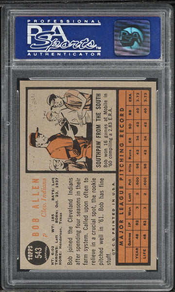 1962 Topps BB Card #543 Bob Allen Cleveland Indians SP PSA 8 NM-MT (MGD2)