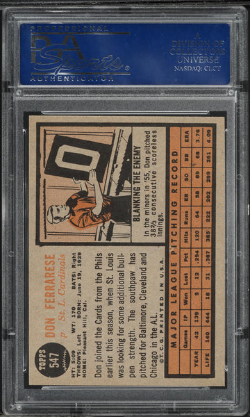 1962 Topps BB Card #547 Don Ferrarese St. Louis Cardinals PSA 8 NM-MT (MGD2)