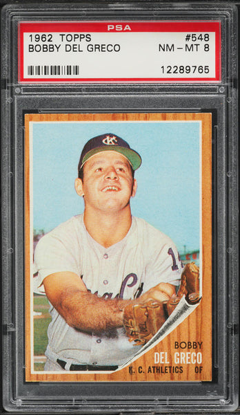 1962 Topps BB Card #548 Bobby Del Greco Kansas City Athletics PSA 8 NM-MT (MGD2)