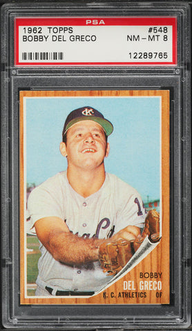 1962 Topps BB Card #548 Bobby Del Greco Kansas City Athletics PSA 8 NM-MT (MGD2)