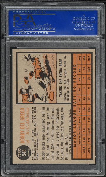 1962 Topps BB Card #548 Bobby Del Greco Kansas City Athletics PSA 8 NM-MT (MGD2)
