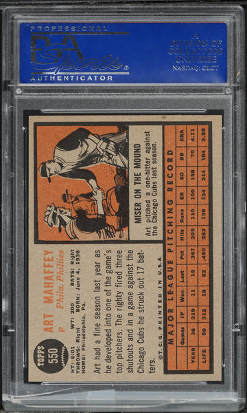 1962 Topps BB Card #550 Art Mahaffey Philadelphia Phillies SP PSA 8 NM-MT (MGD2)