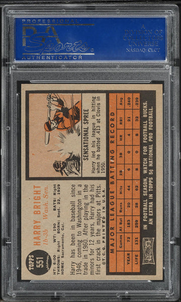 1962 Topps BB Card #551 Harry Bright Washington Senators PSA 8 NM-MT (MGD2)