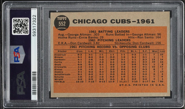 1962 Topps BB Card #552 Chicago Cubs TEAM CARD SP PSA 8 NM-MT (MGD2)