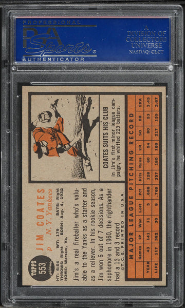 1962 Topps BB Card #553 Jim Coates New York Yankees PSA 8 NM-MT (MGD2)
