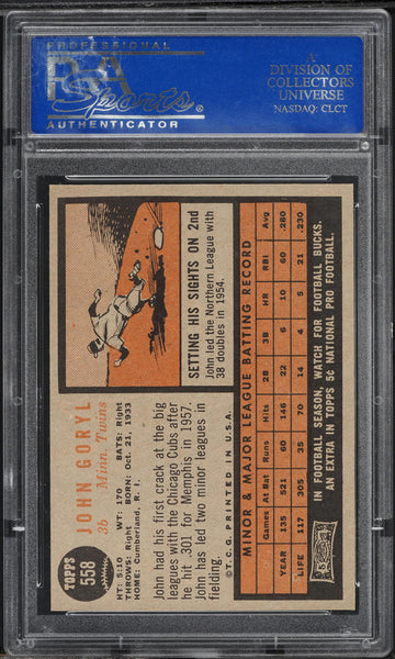 1962 Topps BB Card #558 John Goryl Minnesota Twins PSA 8 NM-MT (MGD2)