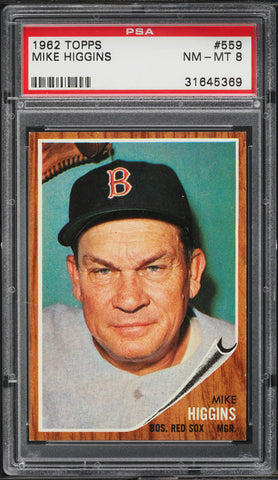 1962 Topps BB Card #559 Mike Higgins Boston Red Sox MGR PSA 8 NM-MT (MGD2)