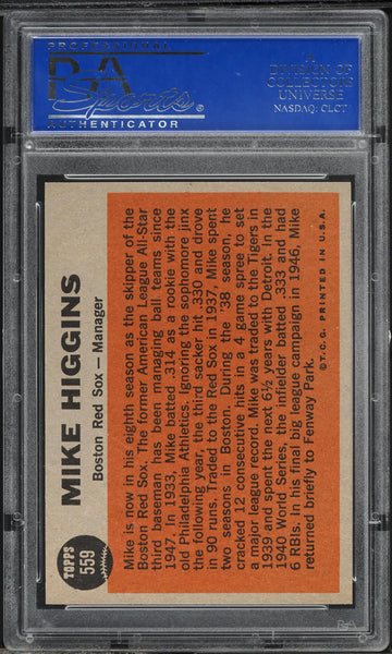1962 Topps BB Card #559 Mike Higgins Boston Red Sox MGR PSA 8 NM-MT (MGD2)