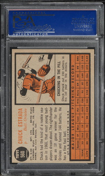 1962 Topps BB Card #560 Chuck Estrada Baltimore Orioles SP PSA 8 NM-MT (MGD2)