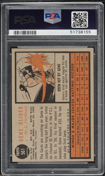 1962 Topps BB Card #561 Gene Oliver St. Louis Cardinals SP PSA 8 NM-MT (MGD2)